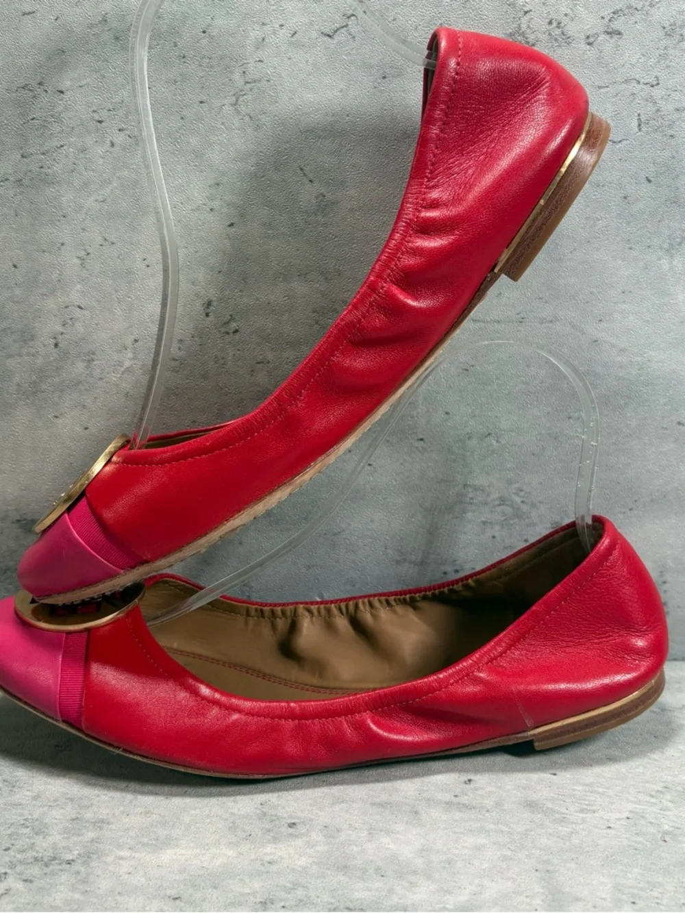 Tory Burch Leather Minnie Cap Toe Flats Red Pink Gold Logo Womens Size 9.5 M